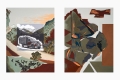Diptych painting in browns and greens: the left side presenting a landscape with a black and white army truck in the middle, the right side presents a landscape.