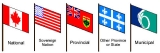Canada flag, Sovereign nation flag, Ontario flag, other province flag, City of Ottawa flag