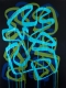 Abstract painting with blue, green, and turquoise lines
