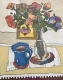 Painting of a bouquet of flowers, in a vase next to a cup of coffee in a blue mug