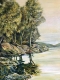A painting of trees reflected on water in yellows and greens.