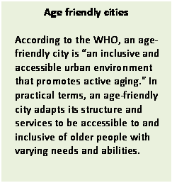 Text Box: Age friendly cities

According to the WHO, an age-friendly city is an inclusive and accessible urban environment that promotes active aging." In practical terms, an age-friendly city adapts its structure and services to be accessible to and inclusive of older people with varying needs and abilities.

