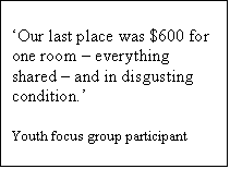 Text Box: Our last place was $600 for one room  everything shared  and in disgusting condition. 

Youth focus group participant
