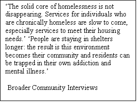 Text Box: The solid core of homelessness is not disappearing. Services for individuals who are chronically homeless are slow to come, especially services to meet their housing needs. People are staying in shelters longer: the result is this environment becomes their community and residents can be trapped in their own addiction and mental illness.

 Broader Community Interviews

