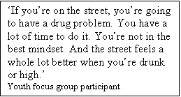 Text Box: If youre on the street, youre going to have a drug problem. You have a lot of time to do it. Youre not in the best mindset. And the street feels a whole lot better when youre drunk or high.
Youth focus group participant

