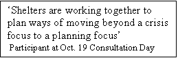 Text Box: Shelters are working together to plan ways of moving beyond a crisis focus to a planning focus
 Participant at Oct. 19 Consultation Day
