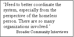 Text Box: Need to better coordinate the system, especially from the perspective of the homeless person. There are so many organizations involved.
             Broader Community Interviews  


