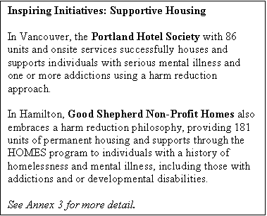 Text Box: Inspiring Initiatives: Supportive Housing

In Vancouver, the Portland Hotel Society with 86 units and onsite services successfully houses and supports individuals with serious mental illness and one or more addictions using a harm reduction approach.

In Hamilton, Good Shepherd Non-Profit Homes also embraces a harm reduction philosophy, providing 181 units of permanent housing and supports through the HOMES program to individuals with a history of homelessness and mental illness, including those with addictions and or developmental disabilities.

See Annex 3 for more detail.

