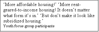 Text Box: More affordable housing! More rent-geared-to-income housing! It doesnt matter what form its in. But dont make it look like subsidized housing.
Youth focus group participants

