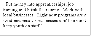 Text Box:  Put money into apprenticeships, job training and lifeskills training.  Work with local businesses.  Right now programs are a dead-end because businesses dont hire and keep youth on staff.

Youth focus group participant
