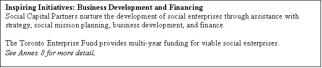 Text Box: Inspiring Initiatives: Business Development and Financing
Social Capital Partners nurture the development of social enterprises through assistance with strategy, social mission planning, business development, and finance.

The Toronto Enterprise Fund provides multi-year funding for viable social enterprises.
See Annex 8 for more detail.
