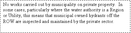Text Box: No works carried out by municipality on private property.  In some cases, particularly where the water authority is a Region or Utility, this means that municipal owned hydrants off the ROW are inspected and maintained by the private sector.