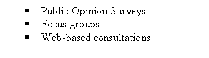 Text Box: 	Public Opinion Surveys
	Focus groups
	Web-based consultations
