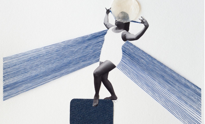 Woman balancing on a rectangle holding outstretched hair in each hand with blue strands of colour around her and moon like circle on her head.