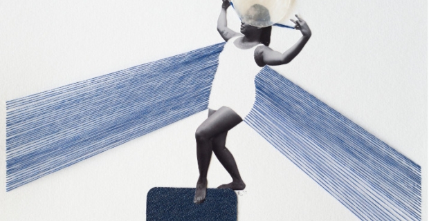 Femme en équilibre sur un rectangle tenant des cheveux tendus dans chaque main avec des mèches de couleur bleu autour d’elle et un cercle ressemblant à une lune