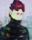 A figure hides their mouth in their black turtleneck, only the top half of their face is visible, showing orange eyelids on a light yellow-green face. The figure has bright magenta and black hair. The paint has been applied in a swirling motion around the figure. 