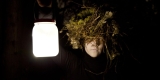 person with branches and moss for hair holding a lantern