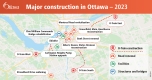 Map of Ottawa outlining the various O-Train construction, road renewal, facility, structure and bridge projects as mentioned in the list above.