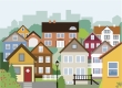 Illustration colorée de différents types de maisons en train de monter une colline. 