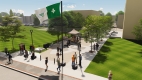 Rendering of people walking and cycling at Carré de la Francophonie de Vanier at Dupuis Plaza on Montreal Road.