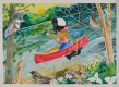 A painting of a bird and human hybrid figure on a bright red canoe, paddling down a stream where fish, foliage and birds surround.    