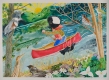 Peinture d’un hybride oiseau-humain dans un canoë rouge vif, qui pagaie sur une rivière, dans un décor où l’on aperçoit des poissons, des végétaux et des oiseaux.