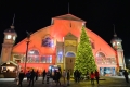 Photo of the Aberdeen Pavilion illuminated in red with a tall lit up tree in the front/Photo montrant le pavillon Aberdeen éclairé en rouge, avec un grand arbre illuminé à l’avant