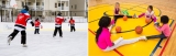 : Image 1: A group of children wearing Canadian Tire hockey jerseys skate at the SENS Rink of Dreams at Heatherington Park. Image 2: A group of children sitting on a gymnasium floor as they participate in an activity with basketballs.