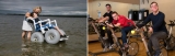 Image 1: An individual with a disability seated in a beach-ready wheelchair being wheeled through the water by a support person. Image 2: Three individuals with a disability ride exercise bikes as they participate in an Inclusive Recreation fitness class.