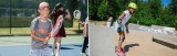 Image 1 : Un enfant inscrit à un camp d’été tient une raquette de tennis. Image 2 : Un enfant fait de la planche à roulettes sur une surface plane asphaltée dans un terrain de planche à roulettes.