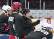Coach MacLeod on the ice having a discussion with some players. She is wearing a black helmet.   