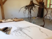 studio photographié avec dessin sur la table et arbre suspendu branche sur le côté