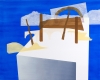 structure brune sur un cube stylisé avec ciel bleu en arrière-plan