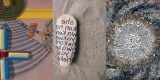 three images: photo on left shows blue, yellow and green beads in flower formations on a pink background; photo in middle shows a beaded moccasin upside down on the sand, a message on the sole; the image to the right shows hundreds of tiny clear, blue and bronze seed beads in row upon row