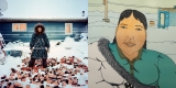two images: left is a photo of a woman dressed warmly, standing in snow among chunks of meat; right is drawing of a woman dressed warmly in the snow with a turquoise shirt