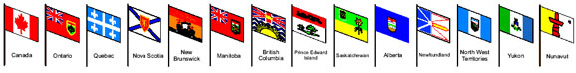 Flags of Canada, Ontario, Quebec, Nova Scotia, New Brunswick, Manitoba, British Columbia, Prince Edward Island, Saskatchewan, Alberta, Newfoundland and Labrador, NorthWest Territories, Yukon and Nunavut