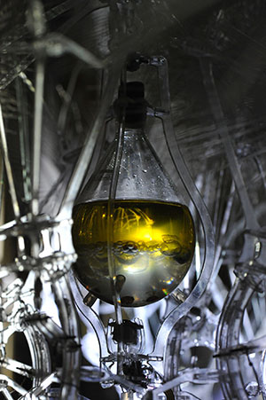 Detail of an installation of a hanging flask containing yellow liquid by Philip Beesley. 