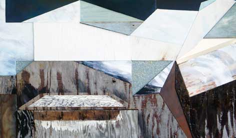 Image of a geometric mixed media artwork that represents an abstract mountainous landscape.