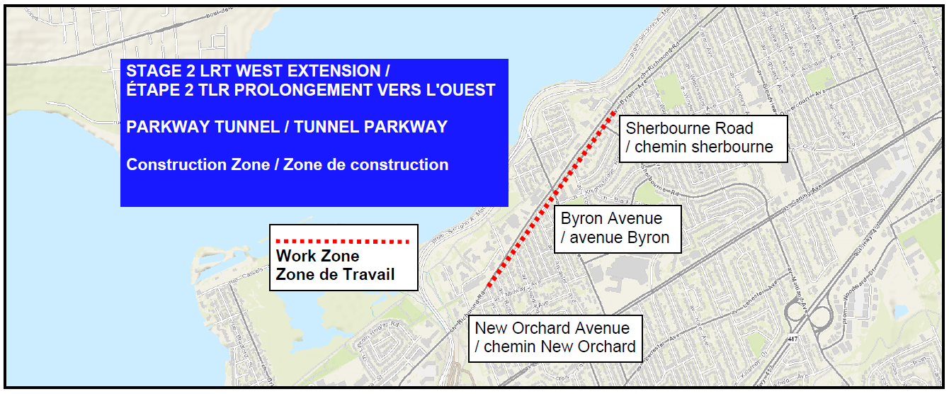 map highlighting New Orchard Ave in the west, Byron Ave through the centre and Sherbroune Road at the east end. the image shows that along Byron is were the concrete pours will stage.