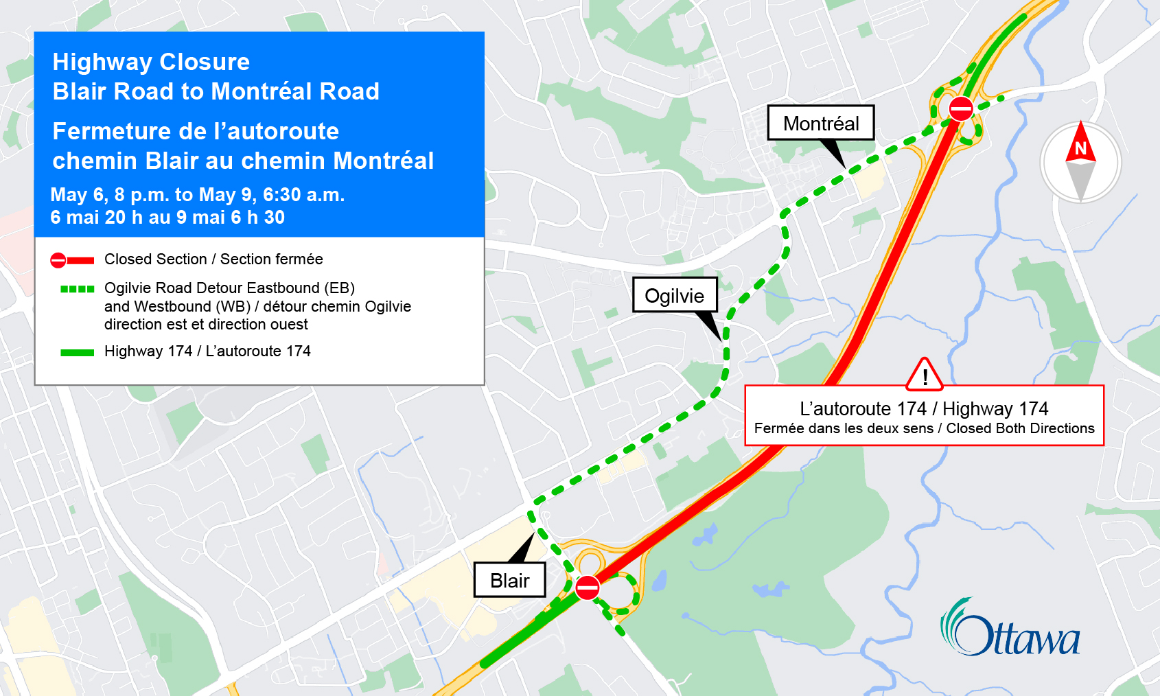 Map: Highway closure Blair Road to Montréal Road