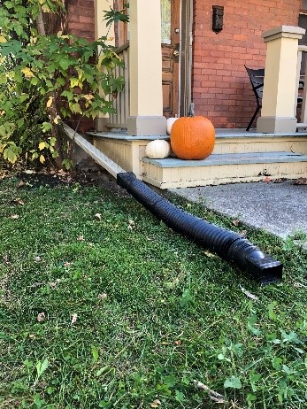 A downspout extender in front of a house