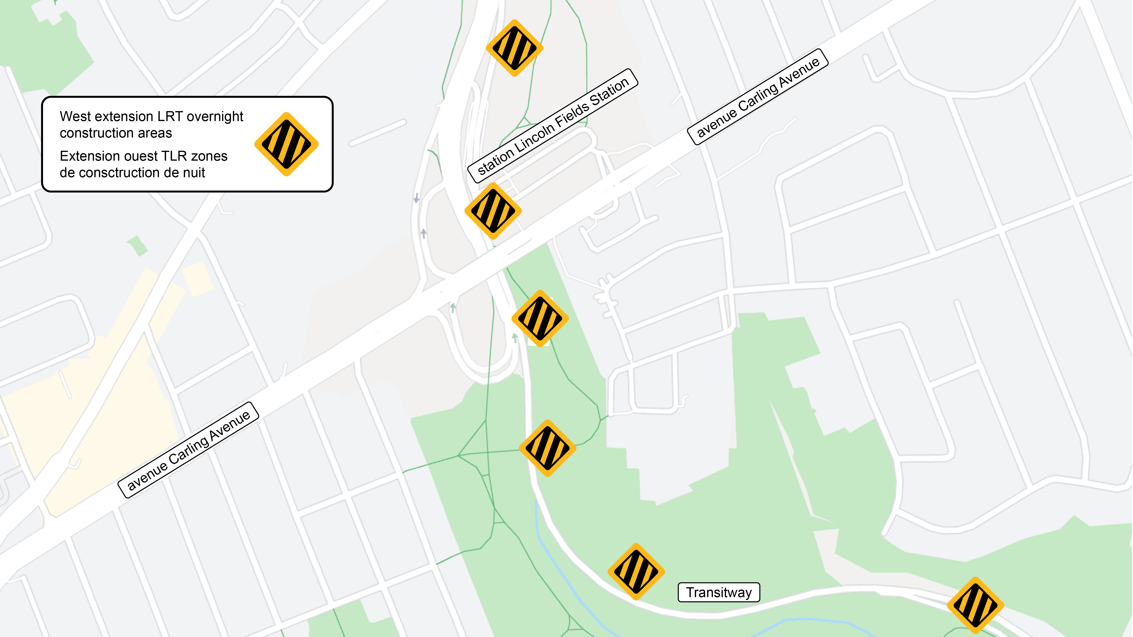 map of Lincoln Fields, Carling, and Pinecrest Creek Corridor south to Connaught Park. Image has 6 construction hazard signs demonstrating approximate work zones along the existing Transitway.