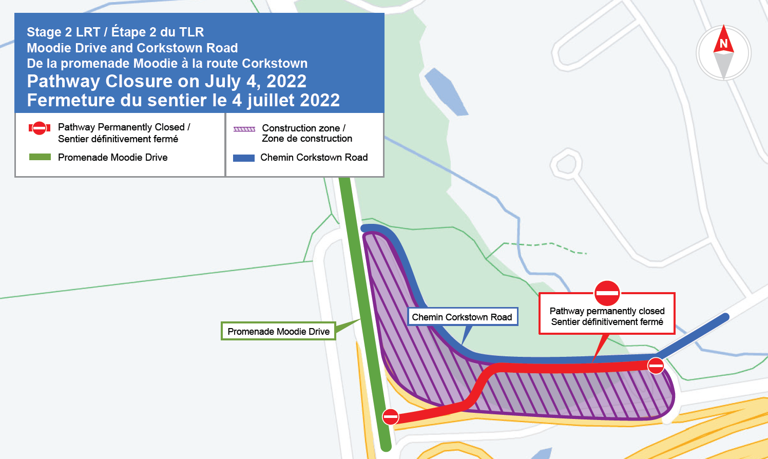 Graphic highlighting Moodie Drive, north of Highway 417, and the location of the future Moodie LRT station. it highlights the MUP that passes through the construction zone that is slated to close.