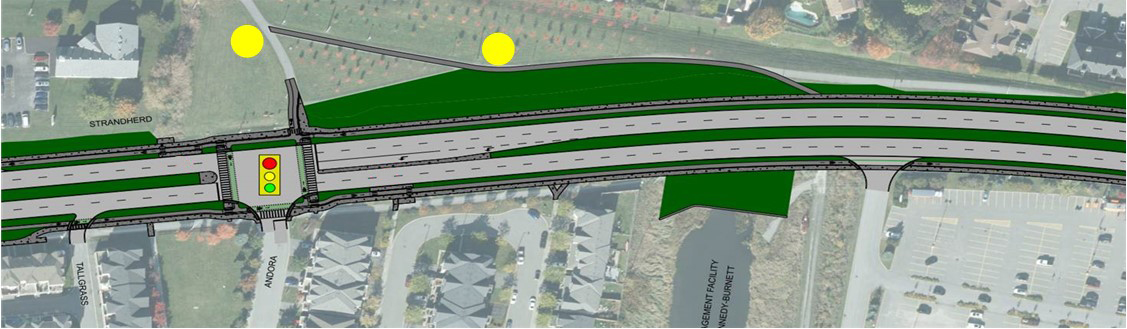 vue aérienne du chantier de construction montrant les routes, les stationnements et deux points jaunes qui pointent vers des sites d’art public 