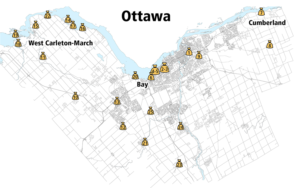 The 22 sandbag loctions across the core, east, west and south of Ottawa.
