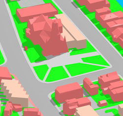 Image tirée du modèle tridimensionnel montrant les modifications proposées à l’espace vert ainsi que l’annexe résidentielle le long de la rue Barrette