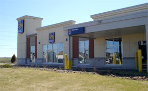  Employee rooms with glass windows are located facing the public areas in this drive-through bank.