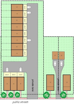  Sharing driveways reduces paved areas within front yards and limits the number of disruptions to pedestrians along the front sidewalk.  Where grades permit, multiple unit dwellings may have underground garages with rear grassed yards situated over the garages.