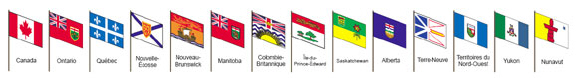 Drapeaux du Canada, de l’Ontario, du Québec, de la Nouvelle-Écosse, du Nouveau-Brunswick, du Manitoba, de la Colombie-Britannique, de l’Île-du-Prince-Édouard, de la Saskatchewan, de l’Alberta, de Terre-Neuve-et-Labrador, des Territoires du Nord-Ouest, du Yukon et du Nunavut