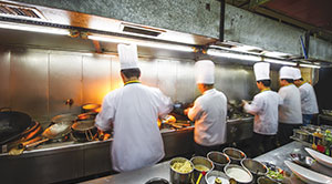 Chefs in a kitchen cooking